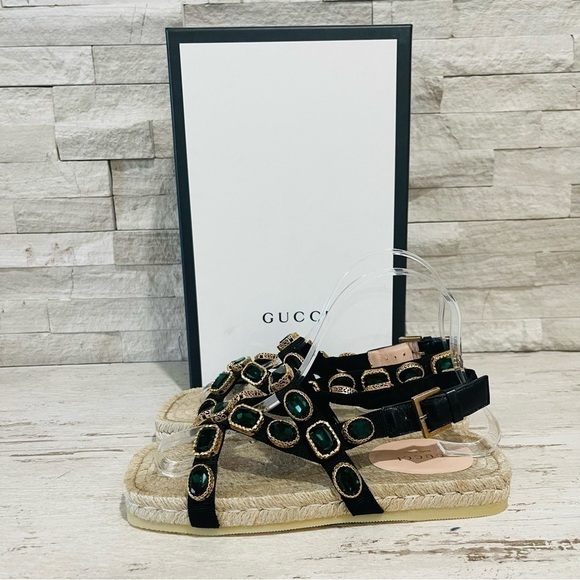 Gucci NEW SZ 36.5 Grosgrain Green Jewel Embellished Espadrille Flat Sandals - Picture 7 of 16